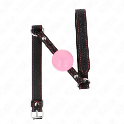 Schwarzes Lederhalsband mit roter Naht und rosa Ball in der Mitte.