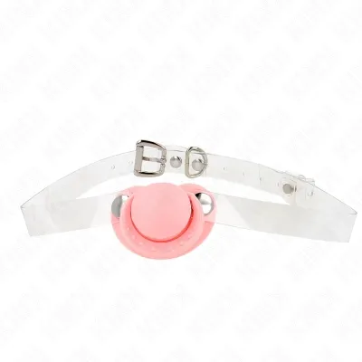 Pink pacifier with transparent strap and metal buckle on a white background.