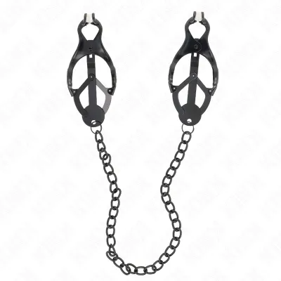 Schwarze Klammern mit Kette, auf weißem Hintergrund.