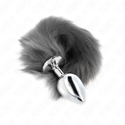 Anal Plug Size L 10 x 4cm With Tail 40cm Grey and White – Kink