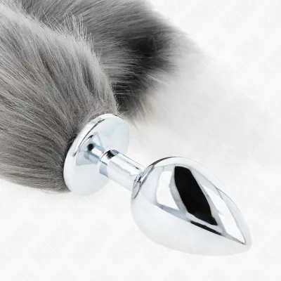 Anal Plug Size L 10 x 4cm With Tail 40cm Grey and White – Kink