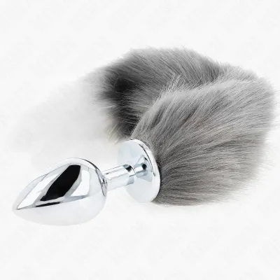 Anal Plug Size L 10 x 4cm With Tail 40cm Grey and White – Kink
