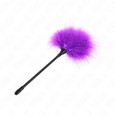 Purple feather tickler with black handle on a white background.