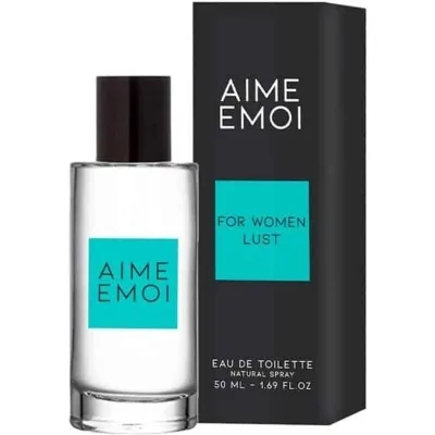 Parfümflasche und Verpackung von "Aime Emoi" mit türkisfarbenem Etikett, 50 ml Eau de Toilette.