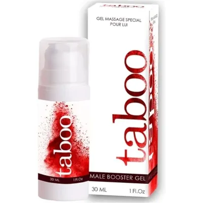 Flasche und Verpackung von "Taboo Male Booster Gel", 30 ml, mit rotem Design.