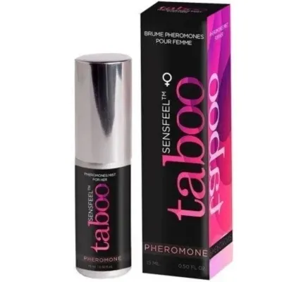 Schwarze Flasche und Verpackung von "Taboo Pheromone" für Frauen, 15 ml, mit pinkem Schriftzug.