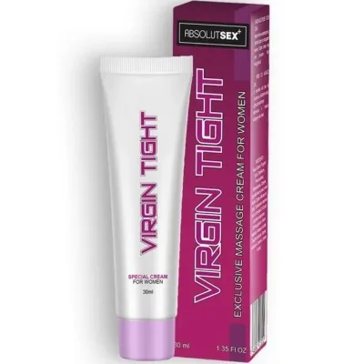 Tube und Verpackung einer Massagecreme für Frauen mit der Aufschrift "Virgin Tight".