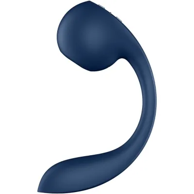 Blue, curved massage wand with a smooth surface and buttons on the top.