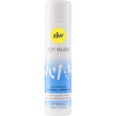 Flasche Pjur Toy Glide Gleitmittel, wasserbasiert, 100 ml, weiß-blaues Design, gelber Kreis mit Logo.