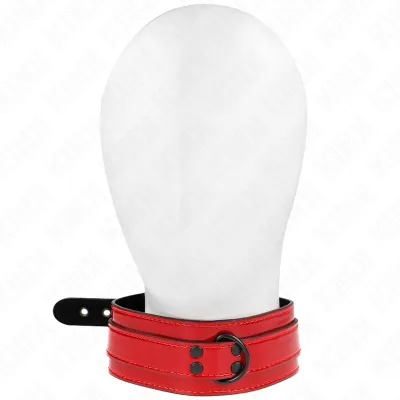 Red collar with black clasp and D-ring on a white background.