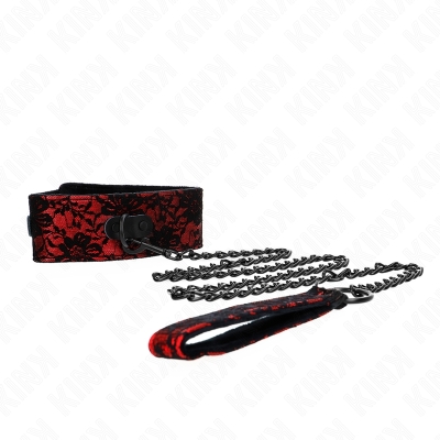 Red choker with black lace pattern and chain on a white background.