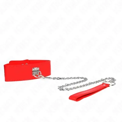 Rotes Halsband mit silberner Kette und rotem Griff auf weißem Hintergrund.