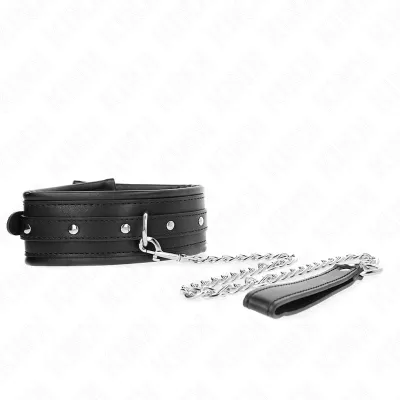 Black collar with studs and chain, leather handle at the end of the chain.