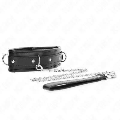 Black collar with metal chain and handle on a white background.