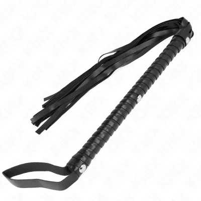 Black leather whip with braided handle and multiple straps, on a white background.
