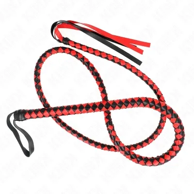 Black and red braided whip with loop and fringe on a white background.