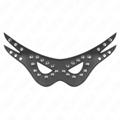 Black eye mask with studs, curved design, on a white background.