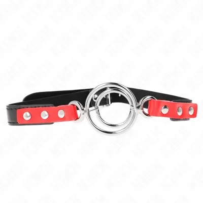 Black and red collar with a silver ring in the middle, on a white background.