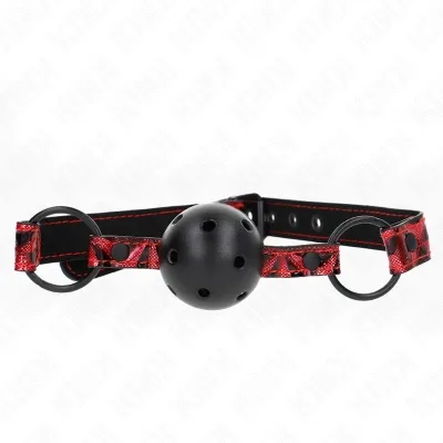 Black gag ball with red straps and buckles, on a white background.