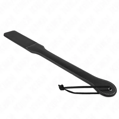 Schwarzes Lederpaddel mit weißer Naht und Handgelenkschlaufe.