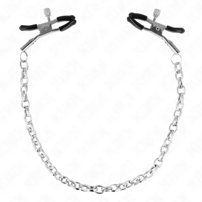 Metal clamps with black rubber and chain, on a white background.