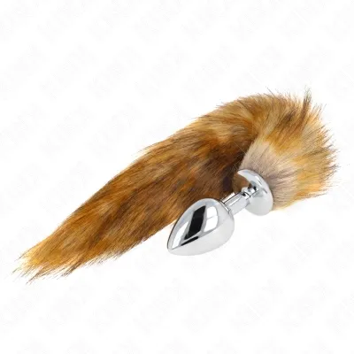 Metallic plug with brown faux fur tail on a white background.