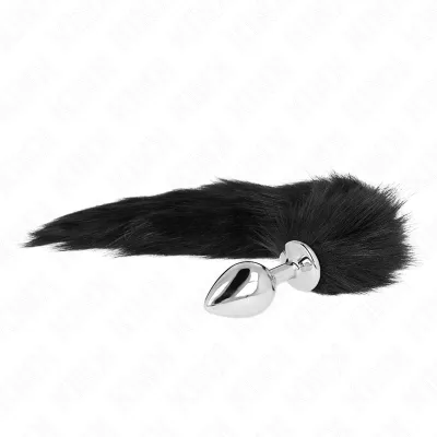 Silberner Plug mit schwarzem, flauschigem Schwanzaufsatz auf weißem Hintergrund.