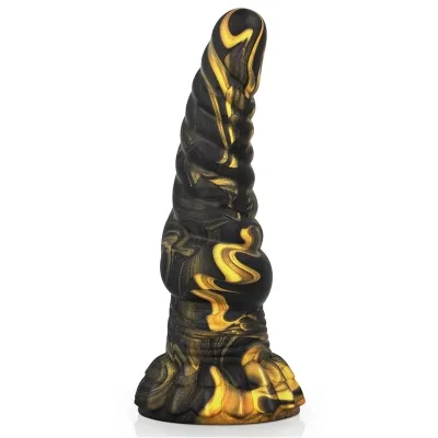 Black and gold spiral-shaped object with a wide base and smooth surface, standing vertically.