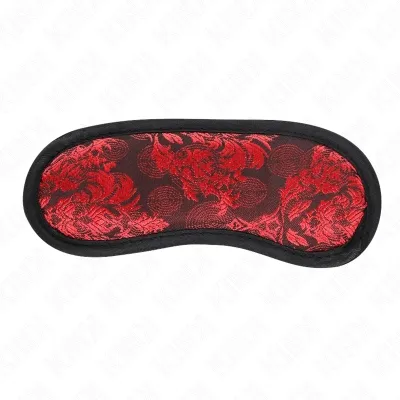 Rote Augenmaske mit schwarzem Rand und floralem Muster auf weißem Hintergrund.