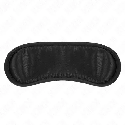 Schwarze Augenmaske aus Stoff, leicht gepolstert, auf weißem Hintergrund.