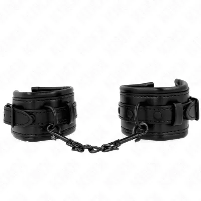 Black leather handcuffs with chain, on a white background.