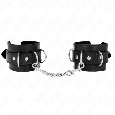 Black leather handcuffs with metal chain and buckles, on a white background.