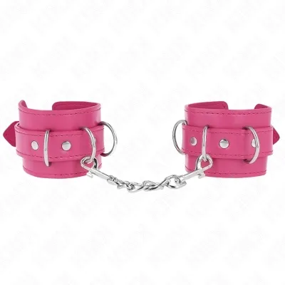 Pink leather handcuffs with metal chain and buckles, on a white background.