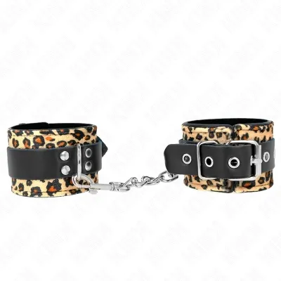 Leopard print handcuffs connected with black leather and chain.