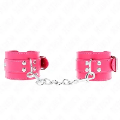 Pink leather handcuffs with silver chain and buckles.