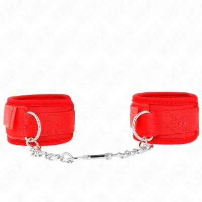 Red handcuffs with chain, on a white background.