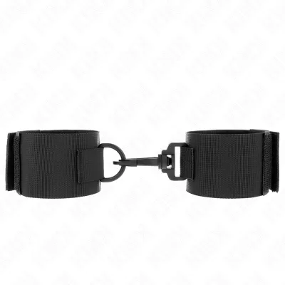 Black handcuffs with Velcro closure and connecting element in the middle, on a white background.