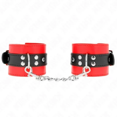 Red and black handcuffs with chain, on a white background.