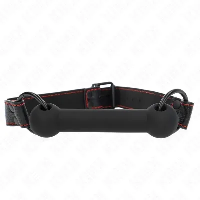 Black dog collar with red stitching and metal rings, on a white background.