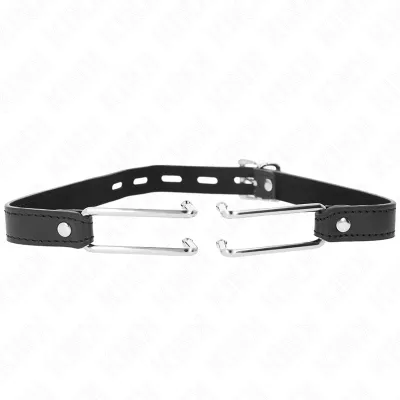 Schwarzes Lederhalsband mit silbernen Metallhaken, verstellbar durch mehrere Löcher.
