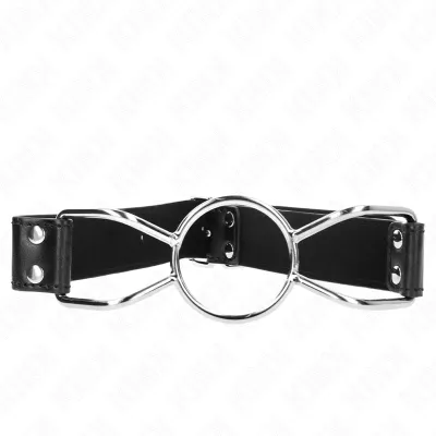 Black collar with silver metal ring and buckles, on a white background.
