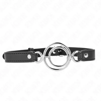 Black collar with a silver metal ring in the middle, on a white background.