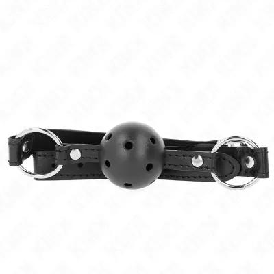 Black ball gag with adjustable leather strap and metal rings, on a white background.