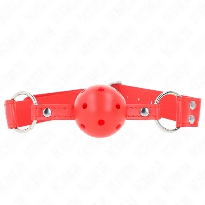 Red toggle with holes and adjustable strap, silver rings on the sides.