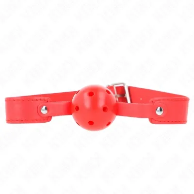 Red toggle with adjustable strap and holes, on a white background.