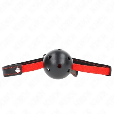 Black ball gag with red straps and holes, on a white background.