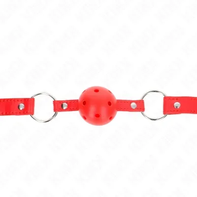 Roter Knebel mit Löchern und verstellbarem Riemen, verbunden durch Metallringe.