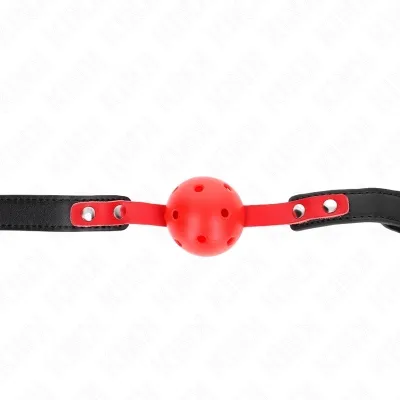 Red ball gag with black straps and silver rivets, on a white background.