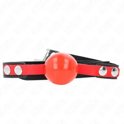 Red ball gag with black and red strap, silver rivets, on a white background.