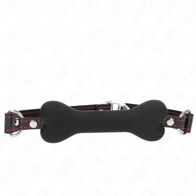 Schwarzer Knochen-Knebel mit roter Naht und Schnallen.